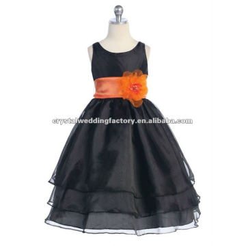 Real center back zipper black dress with orange sash 3 tiers skirt custom-made formal flower girl dresses CWFaf4276
